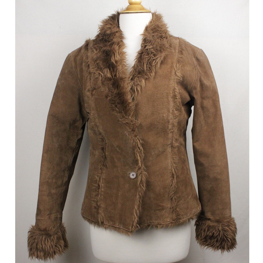 Beyond California Suede Leather Faux Fur Jacket Womens Large Brown‎ Y2K Boho